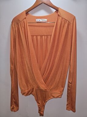 Draped Orange Long-Sleeve Surplice Bodysuit